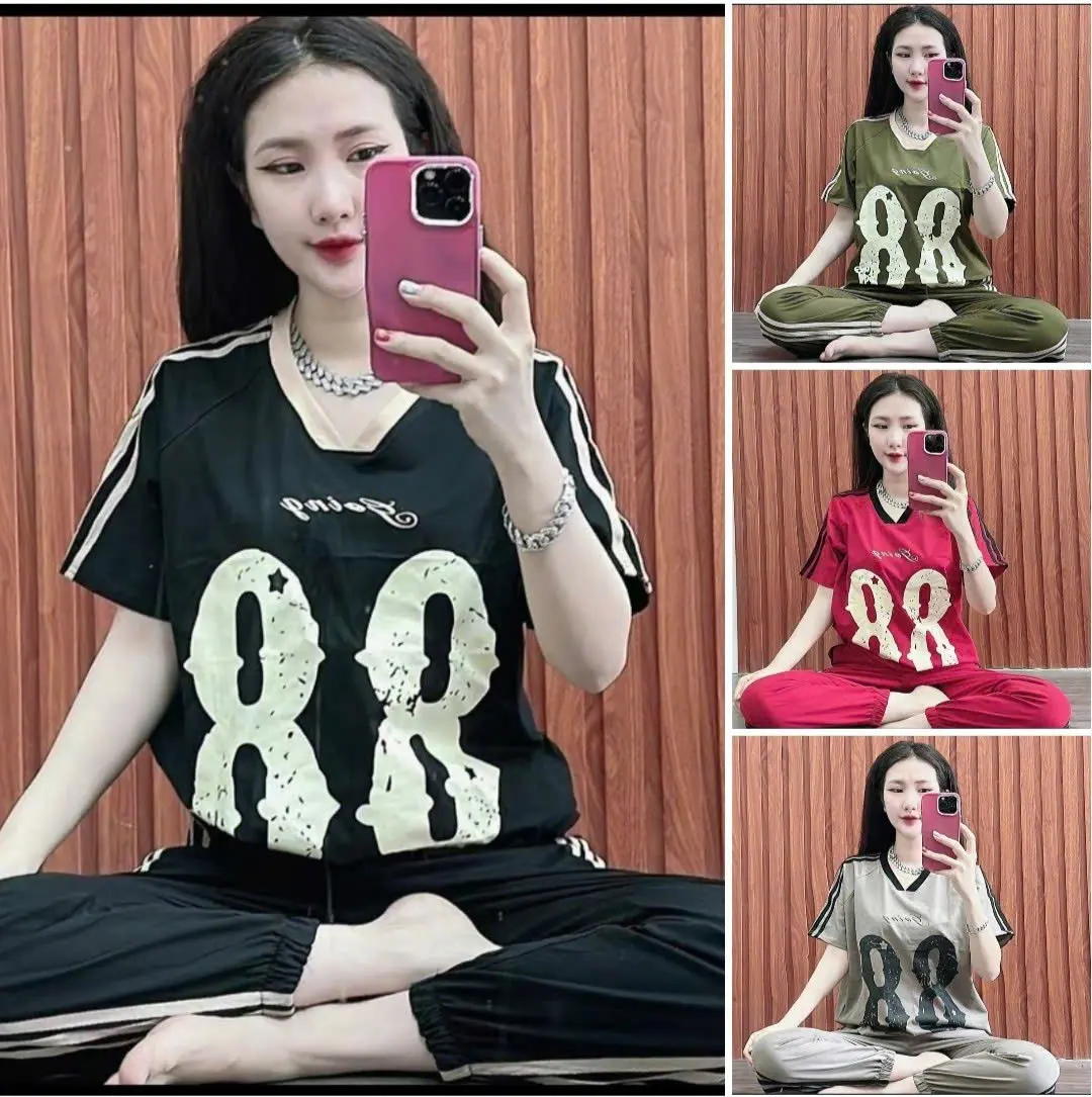 Set đồ bộ cotton quần bo chun - In số cá tính - sản phẩm y hình Nữ Women Áo Top