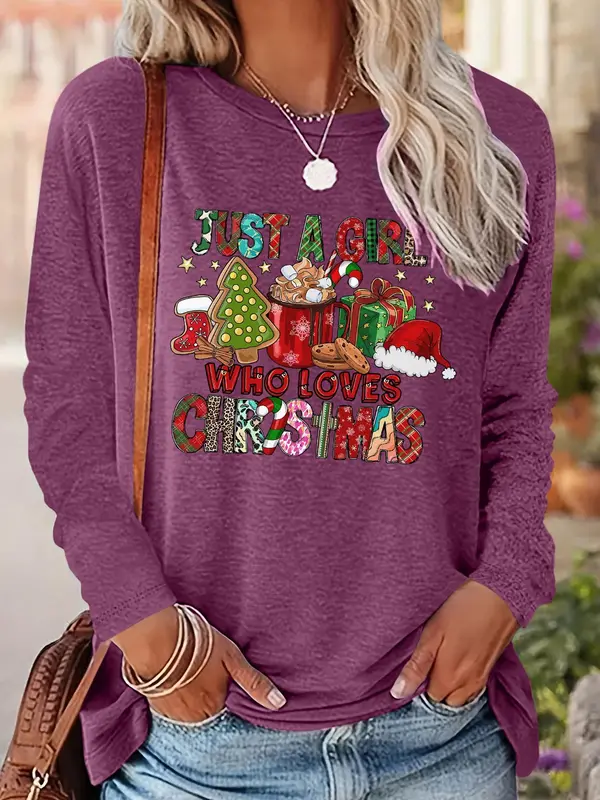 Women's Christmas Themed T-shirt, Casual Letter Print Long Sleeve Round Neck Tee for Daily Wear, Ladies Fall & Winter Clothes 4