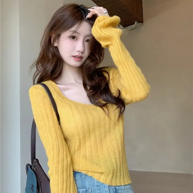 Áo Len Dài Tay Dáng Ôm, Phong Cách Hàn Quốc, Dễ Thương Và Gợi Cảm, Áo Mặc Trong Ngắn, Phong Cách Thường Ngày Hàng Mới Về Mùa Thu 2024, Dành Cho Nữ Top Women