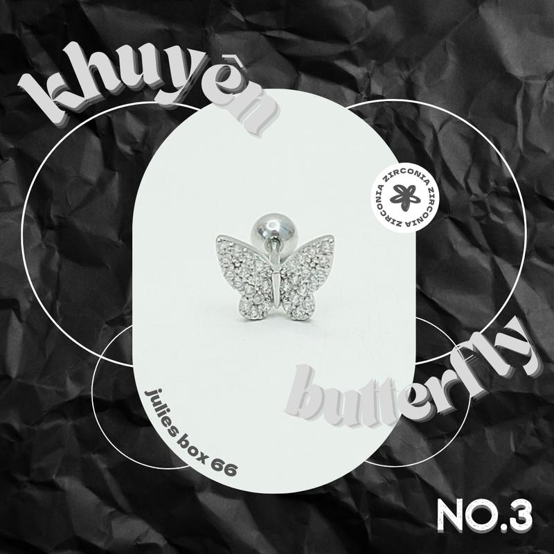 1 Chiếc BẤM Khuyên Tai Butterfly No.3 Bằng Đồng Đính Đá Màu Bạc Đuôi Bi Không Gỉ Bông Tai Julies Box 66