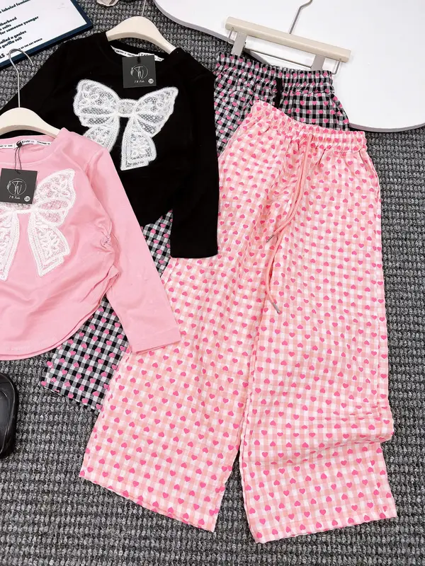 Điệu kids- Set bé gái áo thun tay dài quần sọc caro nơ 22-55kg 2 màu 1