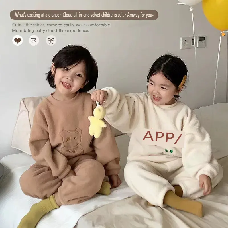 Fleece-lined Thickened Children's Pajamas Boys and Girls Korean Warm Pajamas Suit Children's Clothing