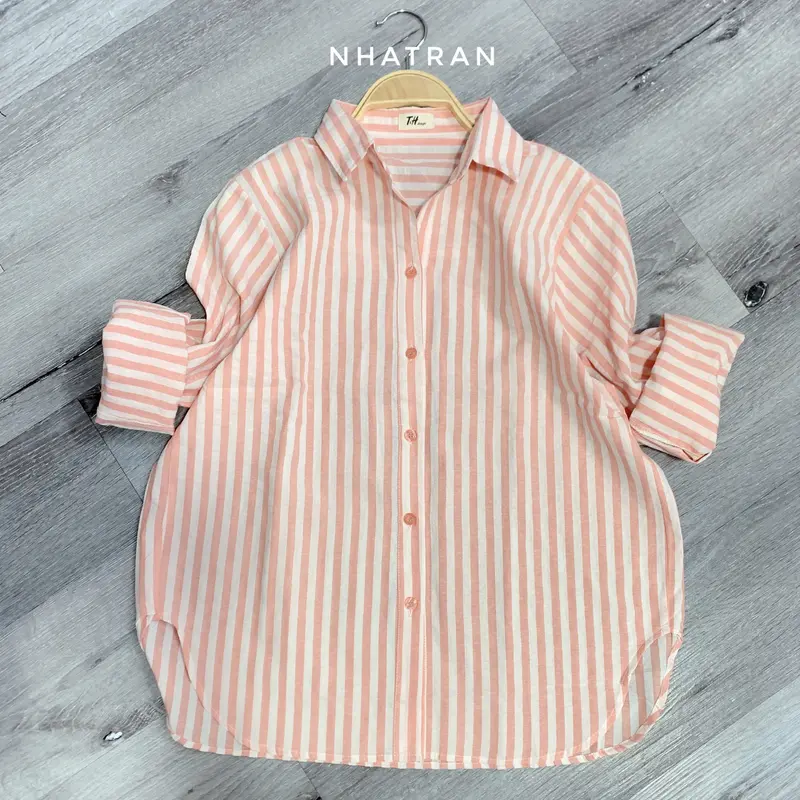 nhatran - Áo sơ mi nữ cổ bẻ tay dài sọc kẻ phom vừa Top Women Pastel SOC 5