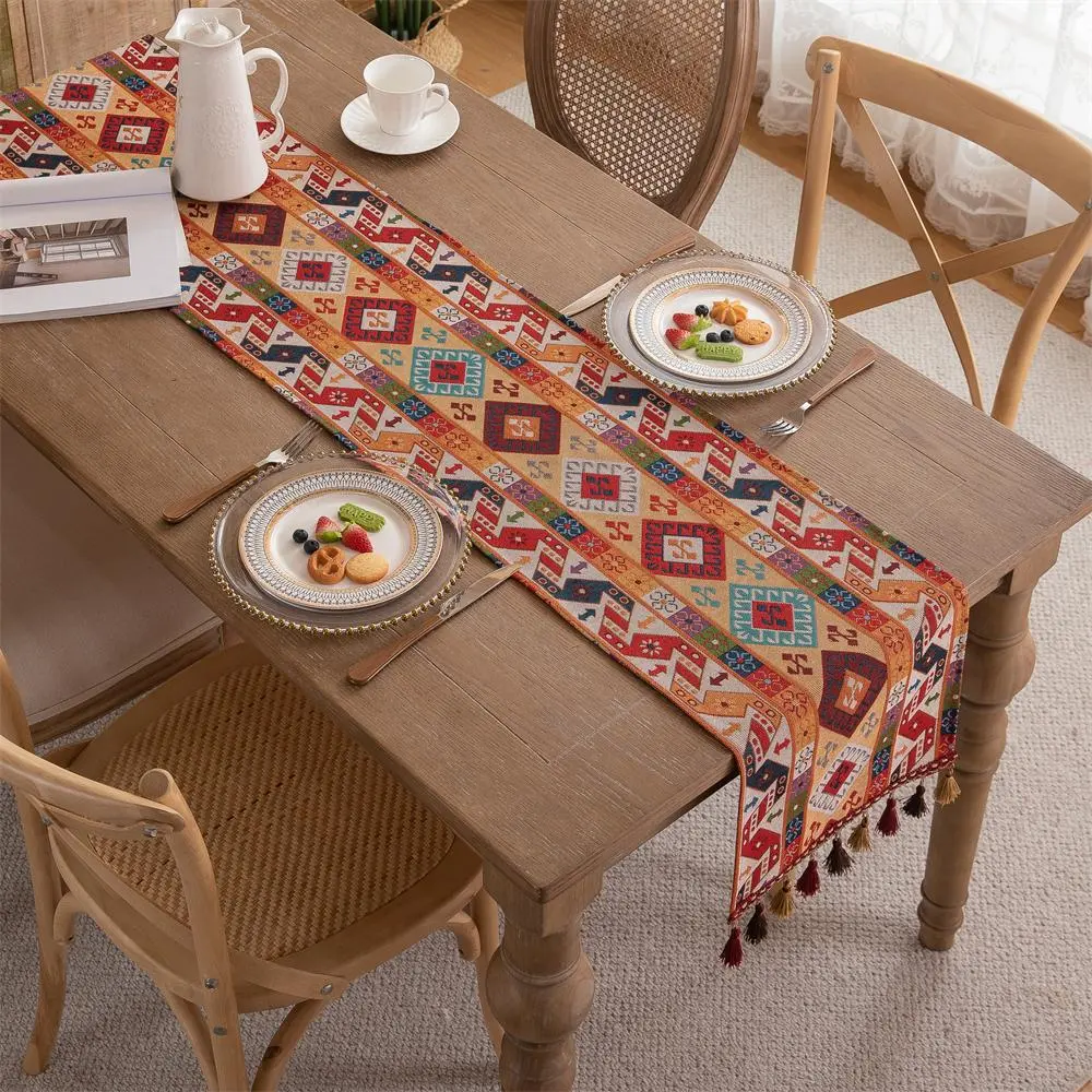 Geometric Pattern Table Runner,  1 Count Vintage Tassel Decor Tablecloth, Table Decoration Supplies for Home Kitchen Dining Room