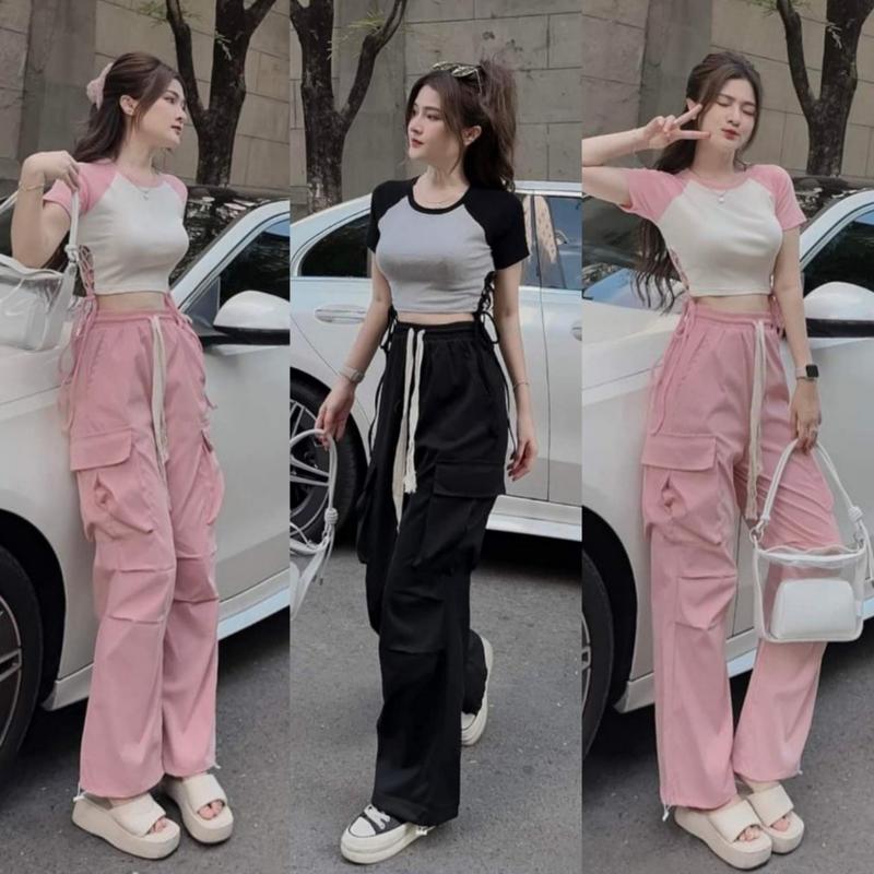 Quần Kaki ống rộng túi hộp kiểu suông dài cạp thun chun dây rút dáng quần ống rộng kaki lưng cao bo gấu co giãn màu Đen Hồng Kem mặc tôn dáng phong cách cá tính Pants Nữ Women quần tuihop