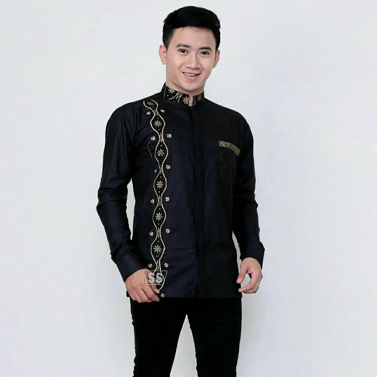 baju koko pria dewasa lengan panjang kombinasi batik Motif koko ranteng Muslim Katun Hitam Kurta Baju Koko