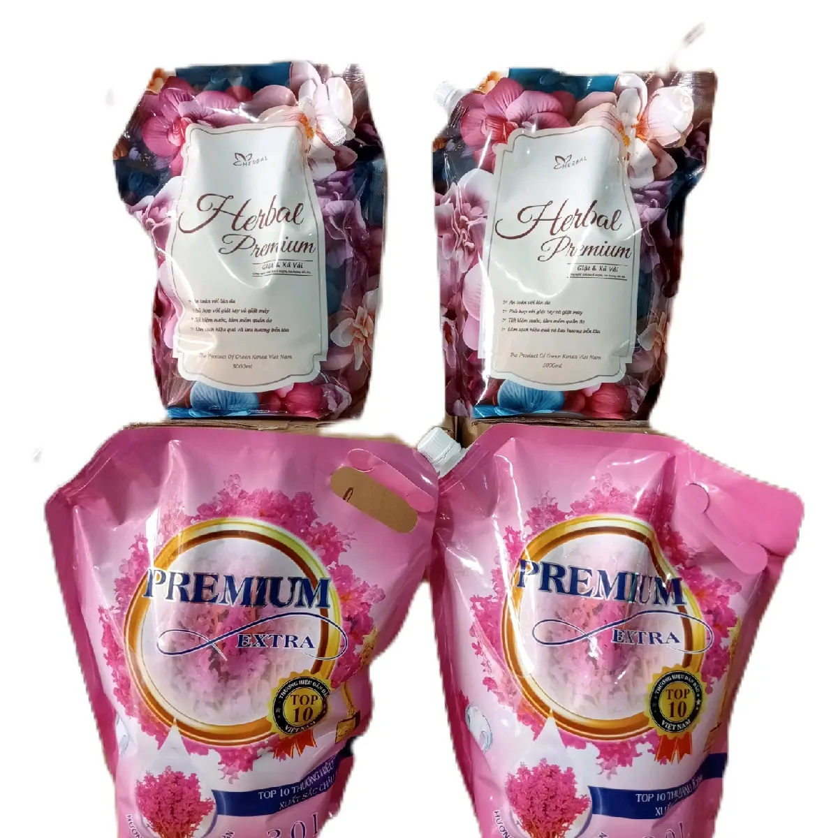 combo mix hương cho khách ( 2 túi 6 lít nước giặt herbal + 2 túi 6 lít nước giặt premium extra )