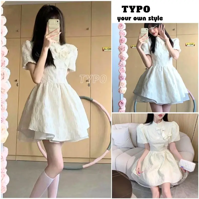 Váy babydoll gấm xốp cổ tàu gắn nơ màu trắng siêu xinh, váy công chúa dự tiệc phong cách hàn quốc - TYPO Nữ Women Dress