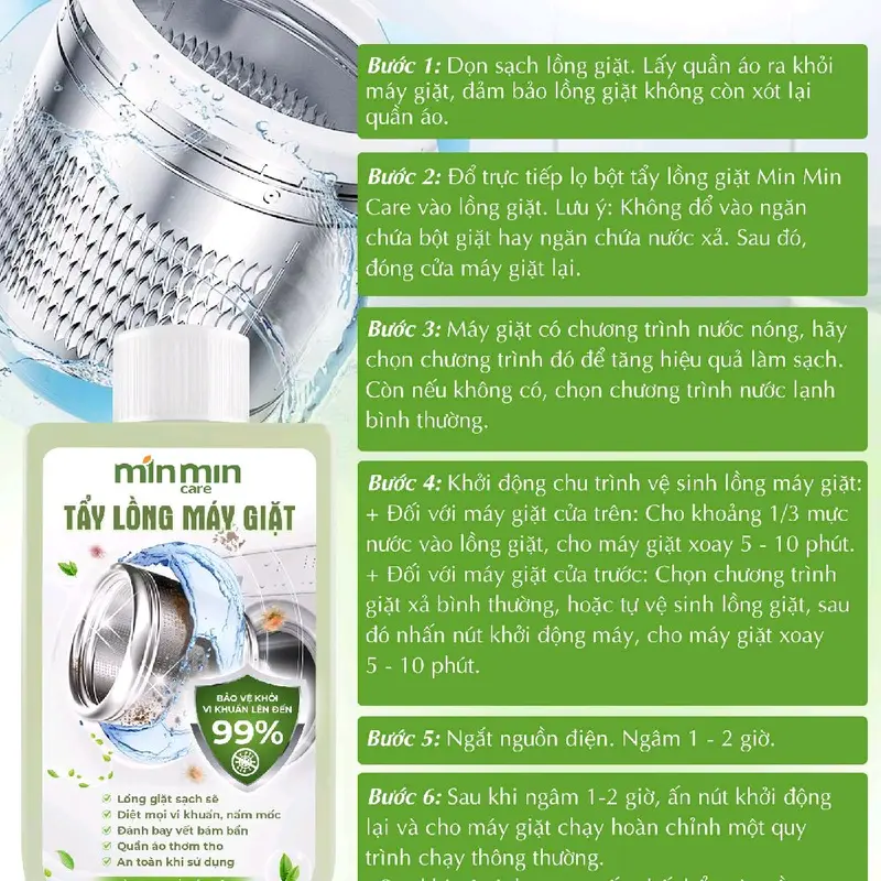 Tẩy lồng máy giặt MinMin care 300gr - Làm Sạch,An Toàn. 3