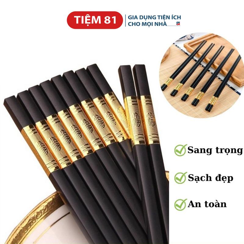 Bộ 10 đôi Đũa Mạ Vàng Hàn Quốc Nhựa Đen Nhật Cao Cấp Chống Trơn Chống Mốc Chịu Nhiệt