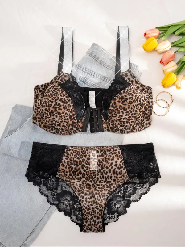 【Plus Size】 Leopard Print Underwire Bra & Panty Two-Piece Set, Elegant Comfy Breathable Lingerie Set for Daily Wear, Women's Underwear Set for All Seasons 3