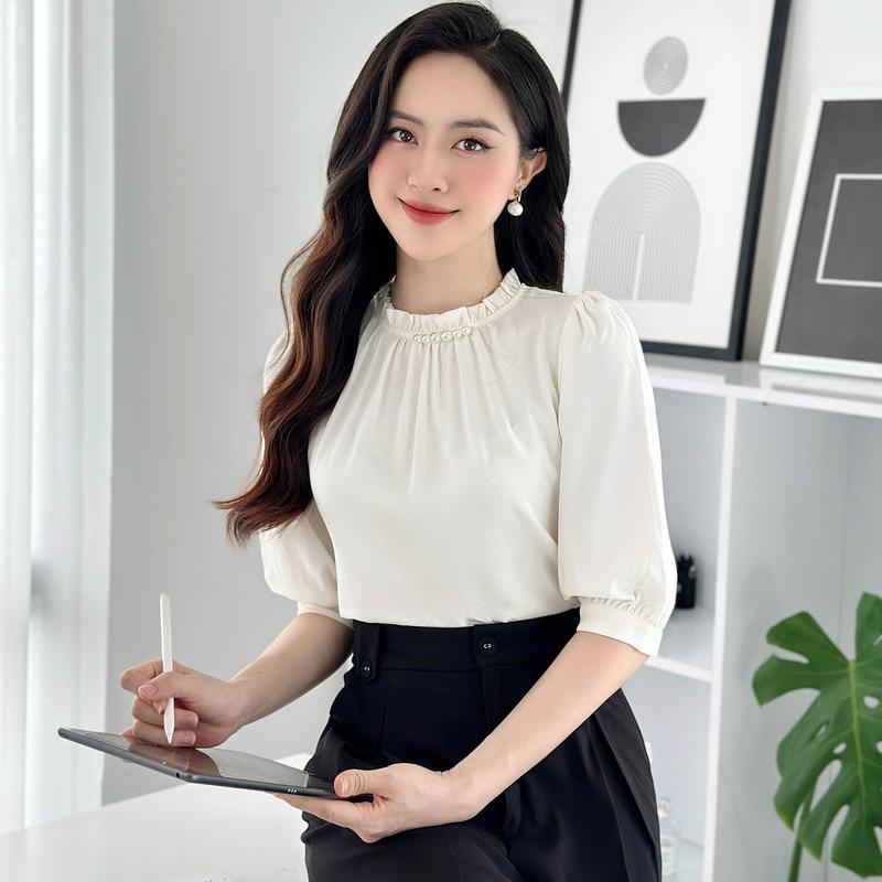 Áo Sơ Mi Cổ Bèo Đính Ngọc NK Fashion Công Sở Nữ Thanh Lịch, Nữ Tính Vải Mềm Mịn NKSM2405021