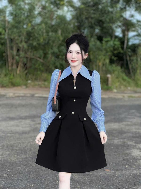  Đầm tiệc sơ mi phối sọc xanh tay dài dành cho bigsize 55Kg - 90Kg - Nữ Women 