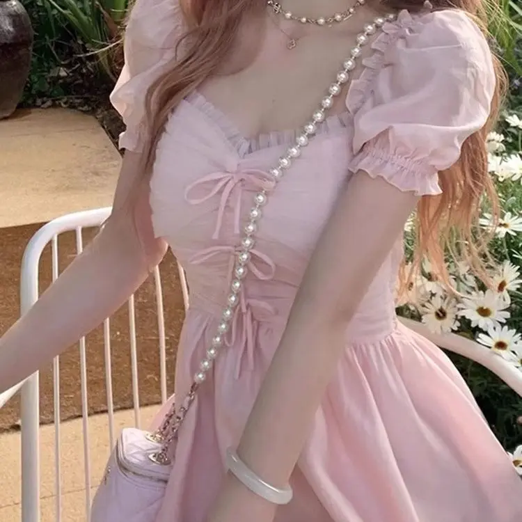 French First Love Puff Sleeve Chiffon Dress Fairy Lady Super Fairy Air Mori  Style Summer Princess Seaside Holiday Beach Dress