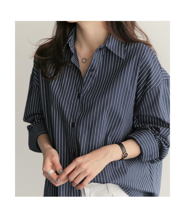 Product Introduction of 2023 Spring/Summer New Mid length Versatile Loose Blue Vertical Stripe BF Large Long Sleeve Shirt Women's Summer Han Style Top Blouse 6