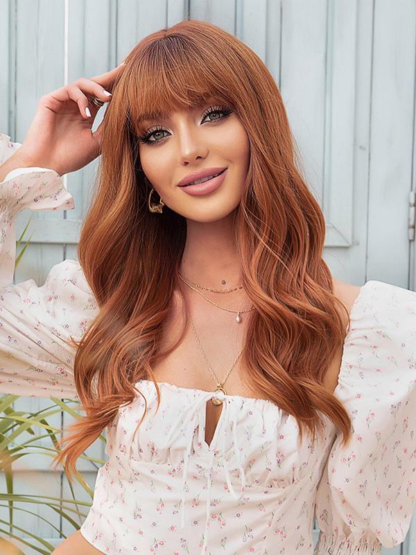 TikTok Shop 22 Inch Red Long Curly Wigs for Women Heat Resistant Wigs with Bangs Natural Looking Synthetic Full Machine Wigs for Party Daily Use