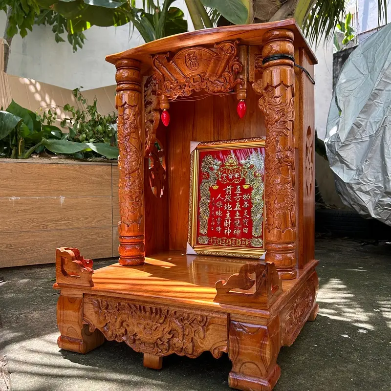 [SIÊU RẺ_BÁN CHẠY] Bàn thờ thần tài bàn thờ thổ địa cột rồng mâm kéo rộng gỗ xoan tự nhiên 42cm 48cm 56cm nước sơn nâu cánh gián nhẵn bóng đều đẹp 1
