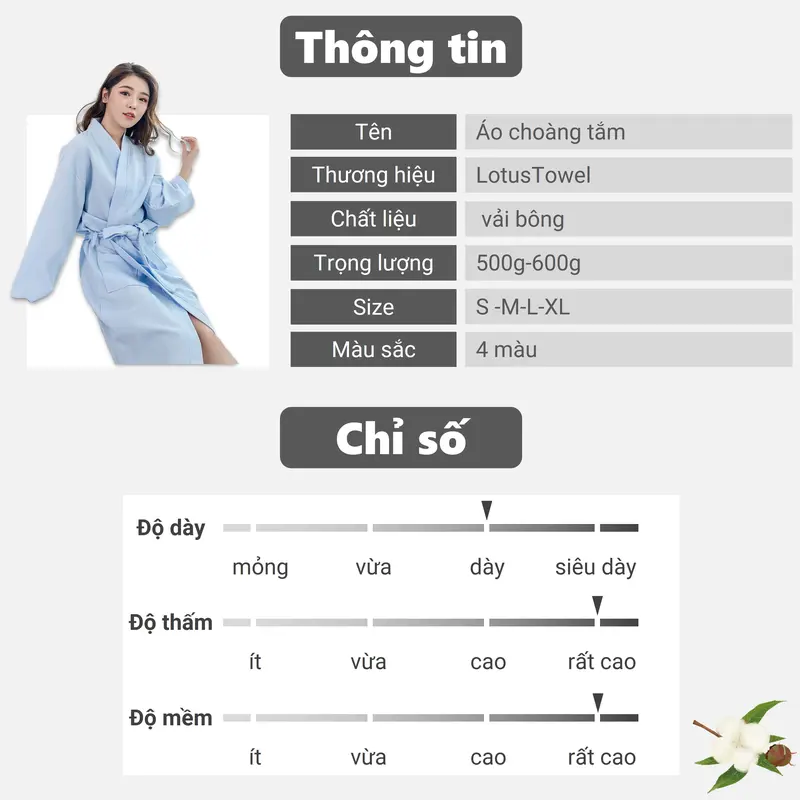 Combo deluxe ( 1 Áo choàng tắm + 1 khăn gội đầu ) Lotustowel , Chất liệu cotton tự nhiên dày dặn, thấm hút, sang trọng 7