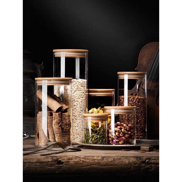 Lọ thủy tinh bình thuỷ tinh đựng gia vị nắp gỗ gioăng cao su chất liệu thuỷ tinh Borosilicate cao cấp dung tích 260ml 500ml 750ml 1000ml 1200ml