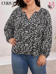 CURVZY Plus Size Autumn Aesthetic Ditsy Floral Print Notched Blouse, Boho Tummy Control Bishop Sleeve Button Front Top for Spring & Fall, Women's Clothes for Daily Wear