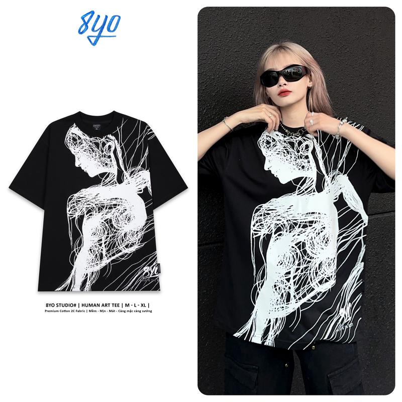 Áo Thun 8YO HUMAN ART Tee Unisex Local Brand Cotton Cổ Tròn Đen Kem Top