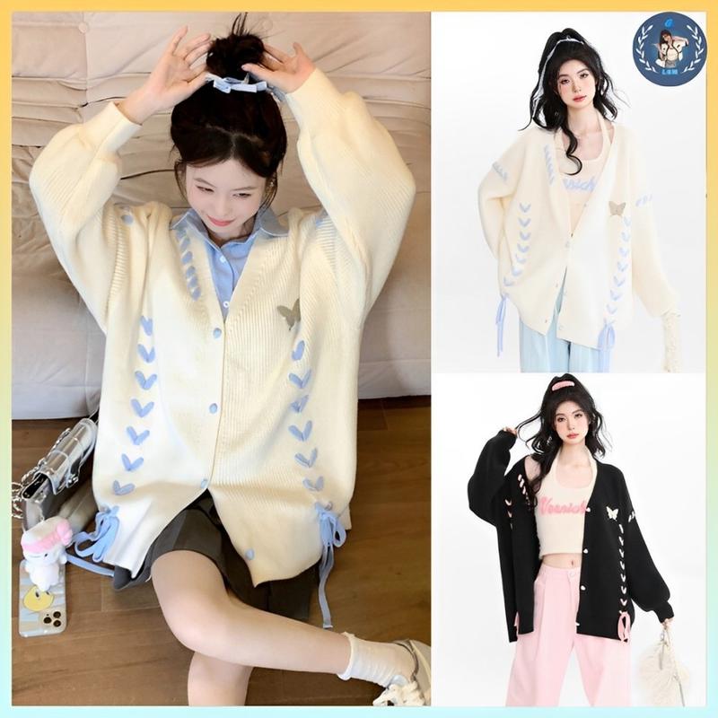 A398 Áo khoác len nữ Cardigan PHỐI DÂY HÌNH TIM kèm TAG CÀI phom rộng vải dày dặn cực xịn xò - L2M Top Women Fashion 【 hoa hồng 【 Hỏa tốc