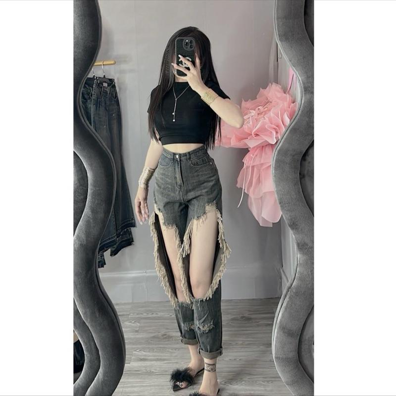   Diễm bella shop Quần Baggy Nữ Lưng Siêu Cao Rách To 2 Bên Có Chun Sau Hàng QC Không Giãn 
