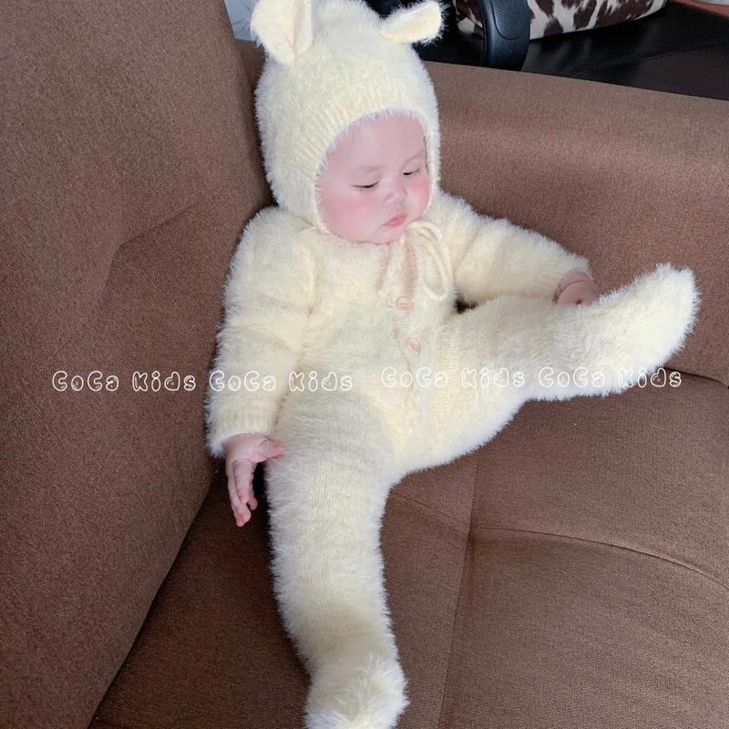 Bộ liền quần Gấu Lông Kèm Nón Quảng Châu Len Lông Thỏ Cho Bé 3-11kg Bé trai bé gái
