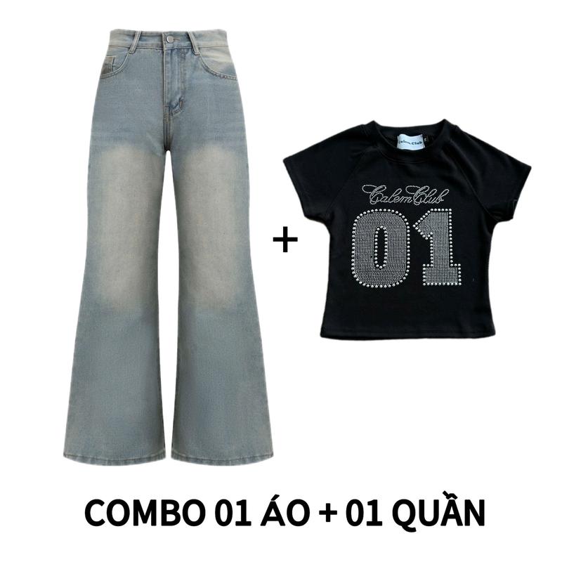 Calem Club - Combo Áo croptop Number 01 Đính Đá + Quần jean ỐNG LOE tôn dáng