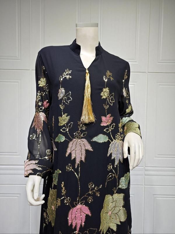 Arabic Clothing-Floral Contrast Sequin Fringe decor Notched Dress, Elegant Long Sleeve Arabian Dress for Women, Muslim Fashion for Party Holiday Vacation 2