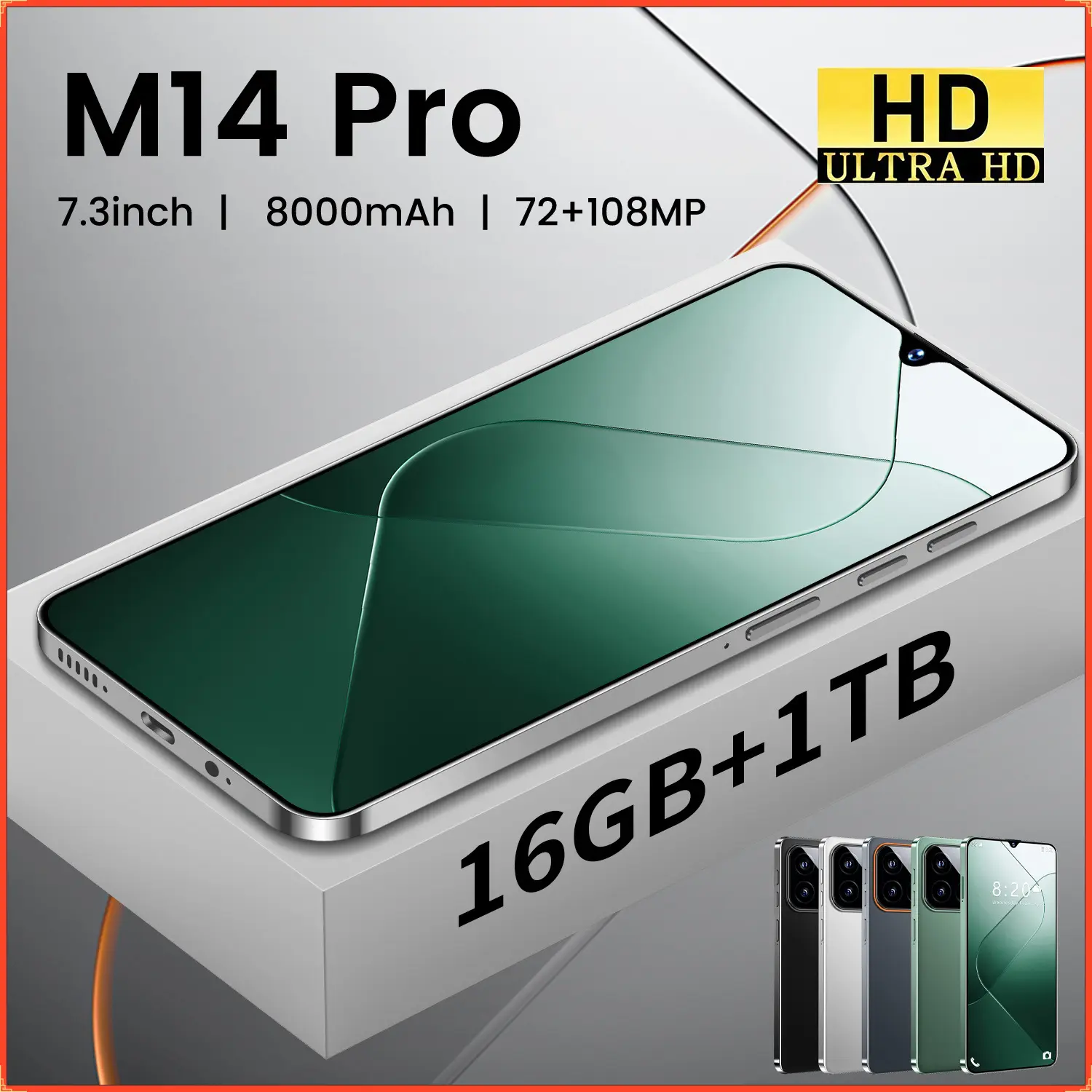 Hot-selling android phones,Water Drop Screen M14 PRO Smartphone, 7.3inch Large Screen, Multi-camera, Long Battery Life, High-definition Beauty Phone, 1-Year Warranty,smartphones，gaming phone side panels