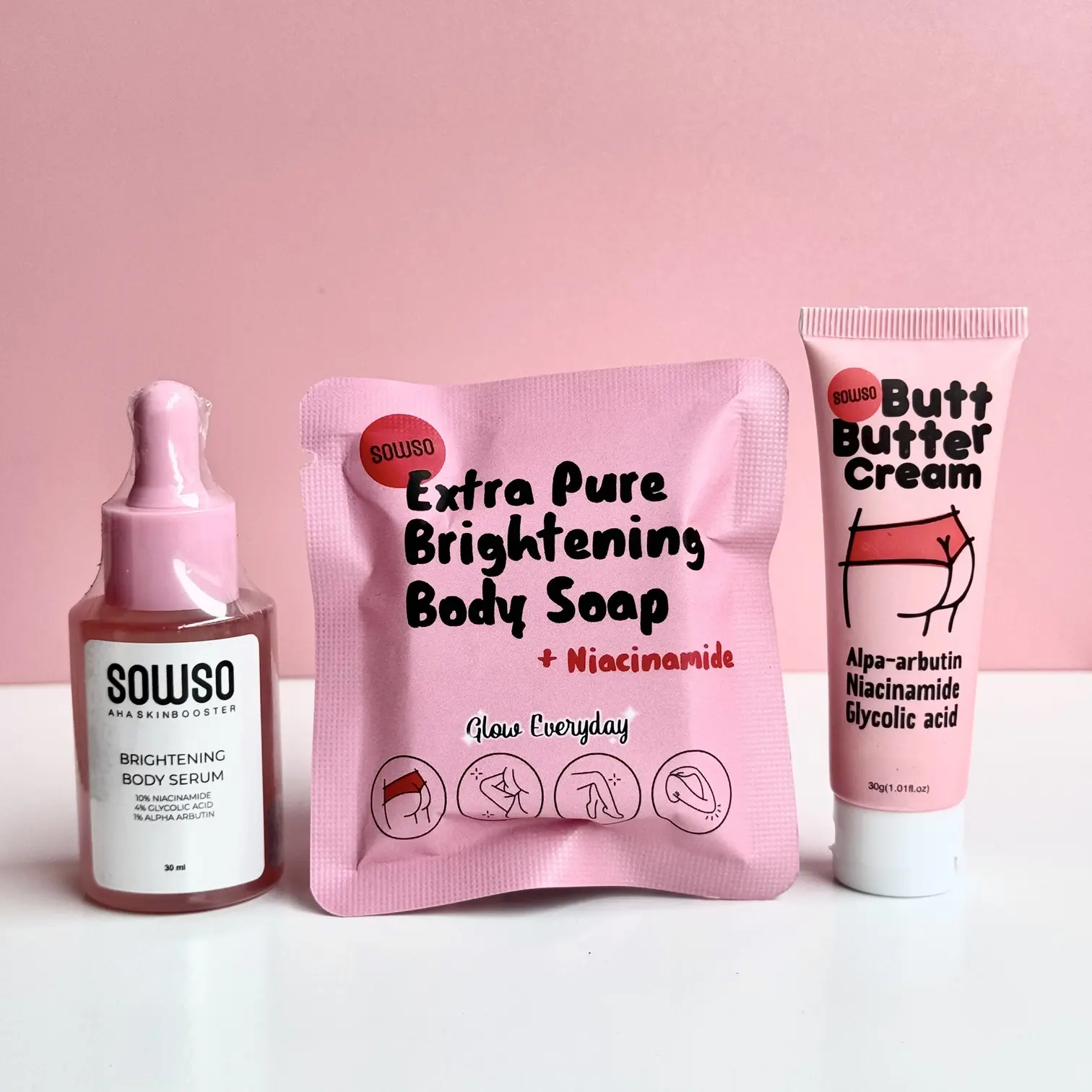 [Paket Bundling] Sowso butt butter krim pencerah lipatan+ Body Serum AHA Niacinamide+ Sabun mandi pencerah pemutih brightening