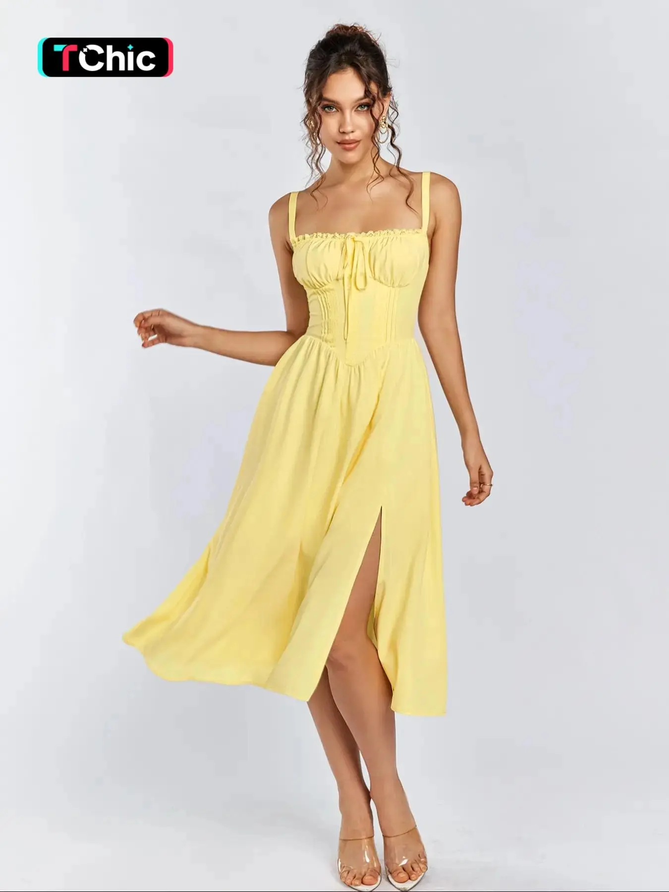Women's Contrast Lace Split Thigh Cami Dress, Casual Tie Front Ruched Midi Dress, Women's Dress for Summer Beach Holiday Vacation