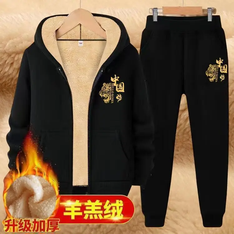 Bộ Đồ Hai Mảnh Cho Nam, Chất Liệu Len Lông Cừu, Bộ Đồ Thể Thao Và Đi Chơi, Trang Phục Dày Bằng Nhung, Bộ Đồ Ấm Mùa Đông, Áo Khoác Nam, 12