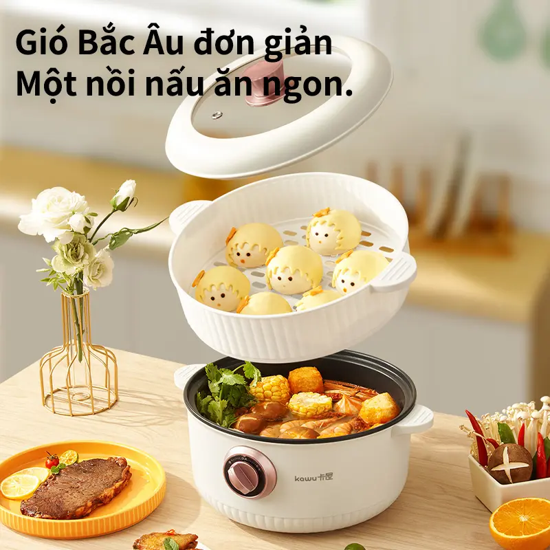 Nồi lẩu điện đa năng Kawu XM-668, công suất 800W, dung tích lớn 3L, có thể hấp và luộc, an toàn và chống khô, giúp việc nấu nướng trở nên thuận tiện hơn