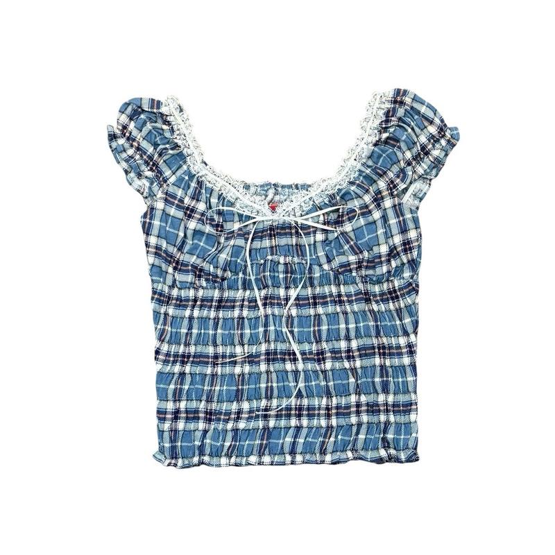 Áo ERRORIST Gather Blue Top áo trễ vai hoạ tiết caro phối ren