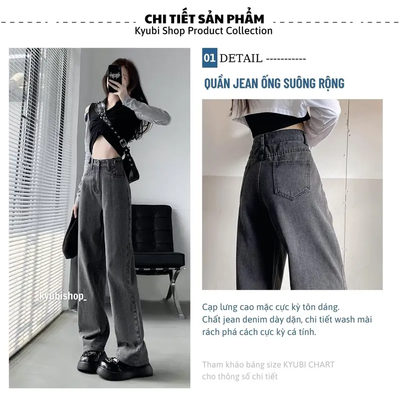 Quần jean nữ ống rộng lưng cao màu Xám Bạc phong cách Retro (Có Bigsize, Nhiều mẫu) - Quần jeans baggy suông Kyubi QJ25 Pants 4