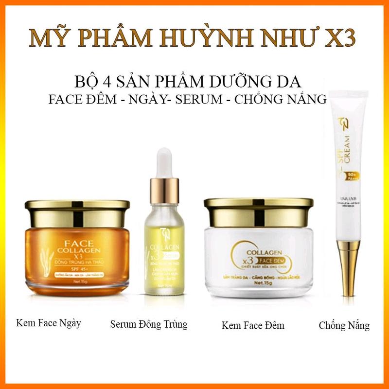 Combo 4 sản phẩm ( có thẻ)  Face collagen x3, Serum x3, Chống nắng x3, Face đêm x3 - bộ dưỡng trị mụn Đông Anh Huỳnh Như