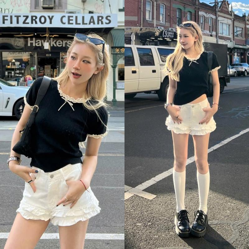 Set Áo Viền Ren Đính Nơ Phối Quần Short Kaki Lưng Cao Viền Bèo Tầng Phong Cách Cá Tính Nữ - catchystore Set Áo Babytee Nơ Kèm Quần Đùi Jean Women Top Denim