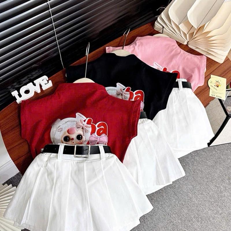 Sét 3 chi tiết : áo thun tay hến cao cổ in hình cute 3 màu xinh + kèm châm váy xoè xếp ly màu trắng cạp chun + kèm đai xinh cho bé gái từ 8-30kg