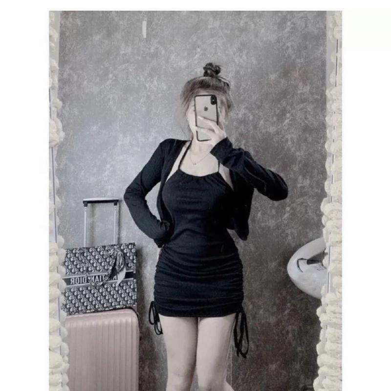  Sét bộ nữ đầm yếm ôm body rút dây 2 bên phối áo khoác ngoài  xinh  chất thun gân mềm mịn mã bp33 SIZE dưới 55kg 