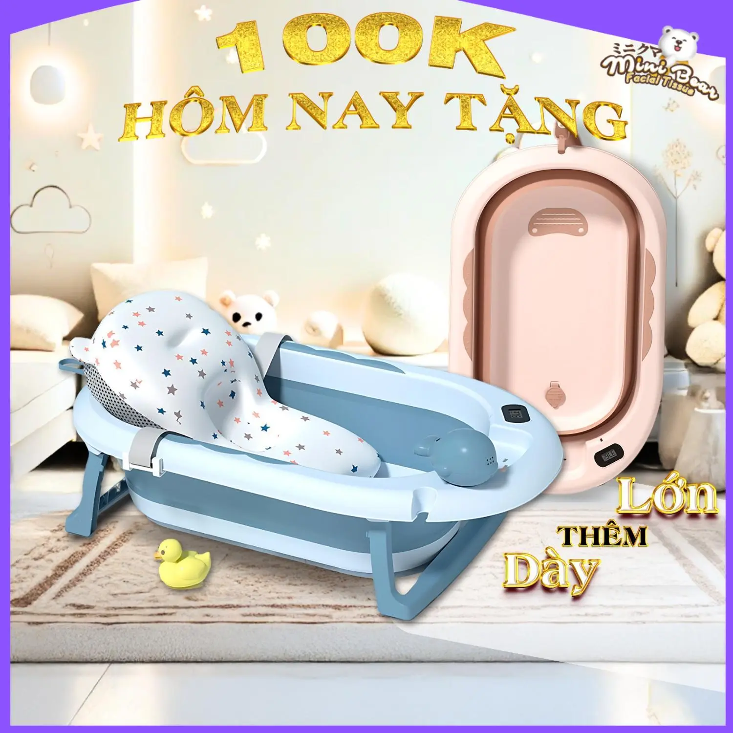 Chậu tắm bé MiniBear Nhật Bản Gấp gọn,to,dày dặn,bồn tắm ngồi và nằm cho trẻ sơ sinh và trẻ nhỏ bồn  tắm tắm  lót bồn  tắm đi du lịch trai ngẫu nhiên