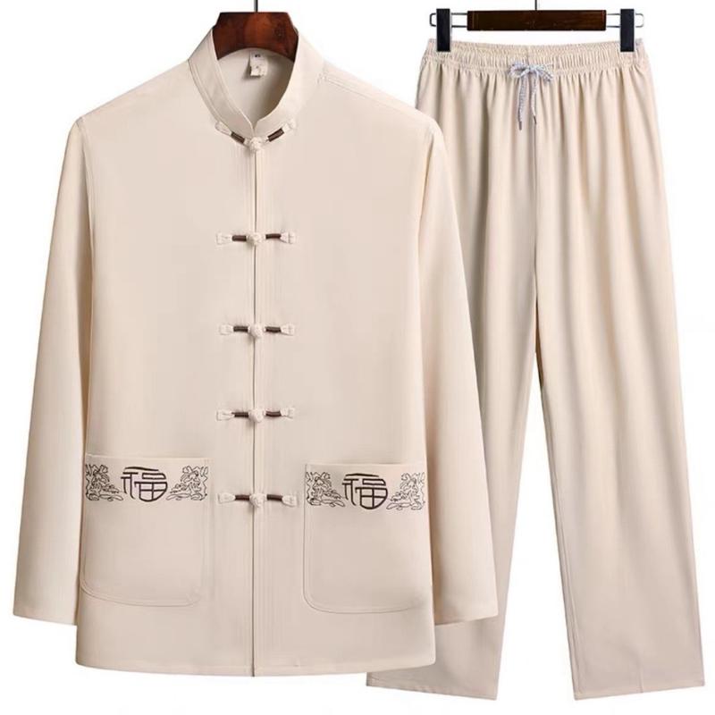 Bộ cổ tàu nam dài tay Bộ trung niên nam chất liệu đũi Quần áo pháp phục cho nam giới hoạ tiết túi thêu nhã nhặn Nhung Menswear