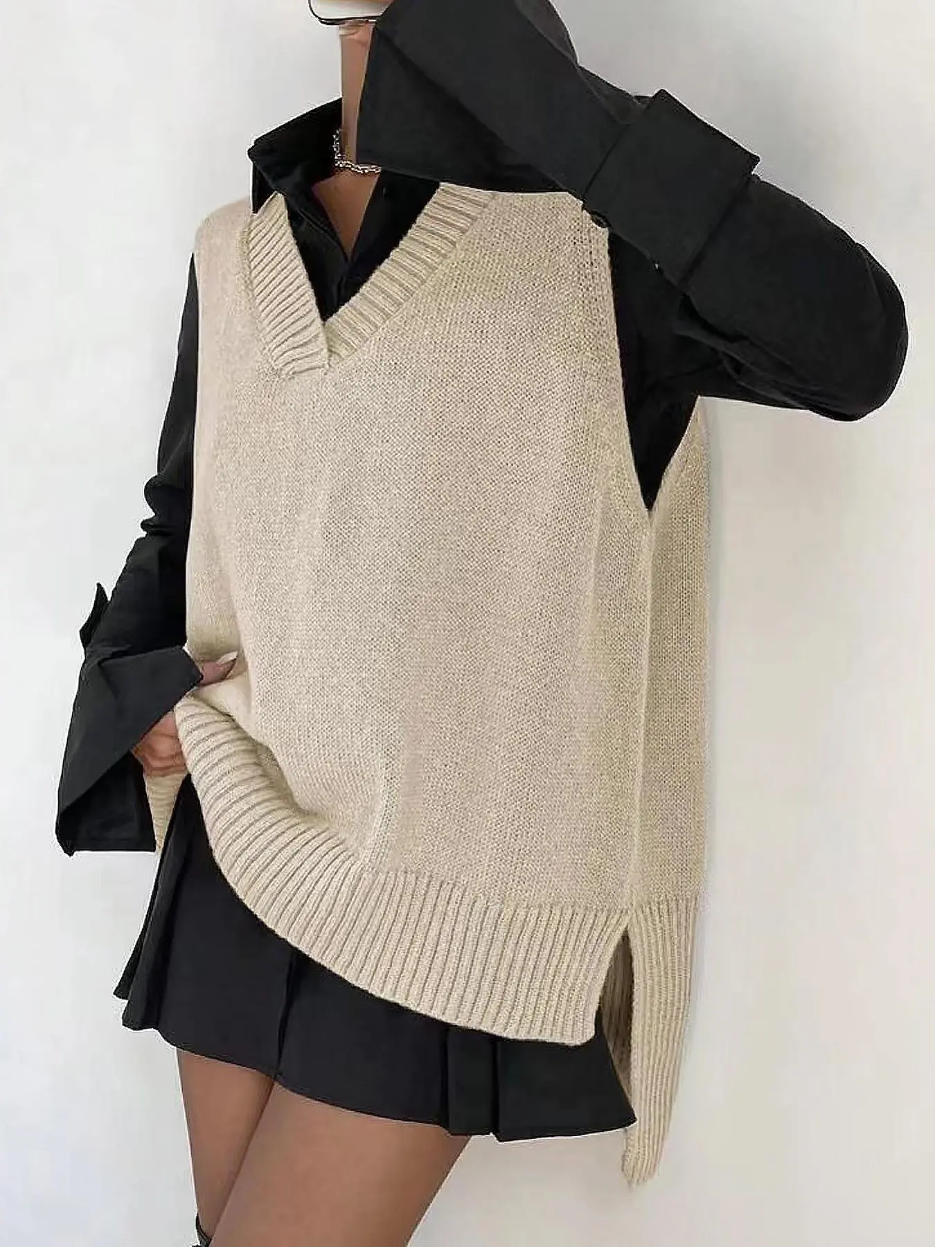 Women's Split V Neck Knitted Sweater Vest Without Shirt, Casual Solid Asymmetrical Hem Knit Top For Spring & Fall, Women's Clothing For Autumn Daily Wear