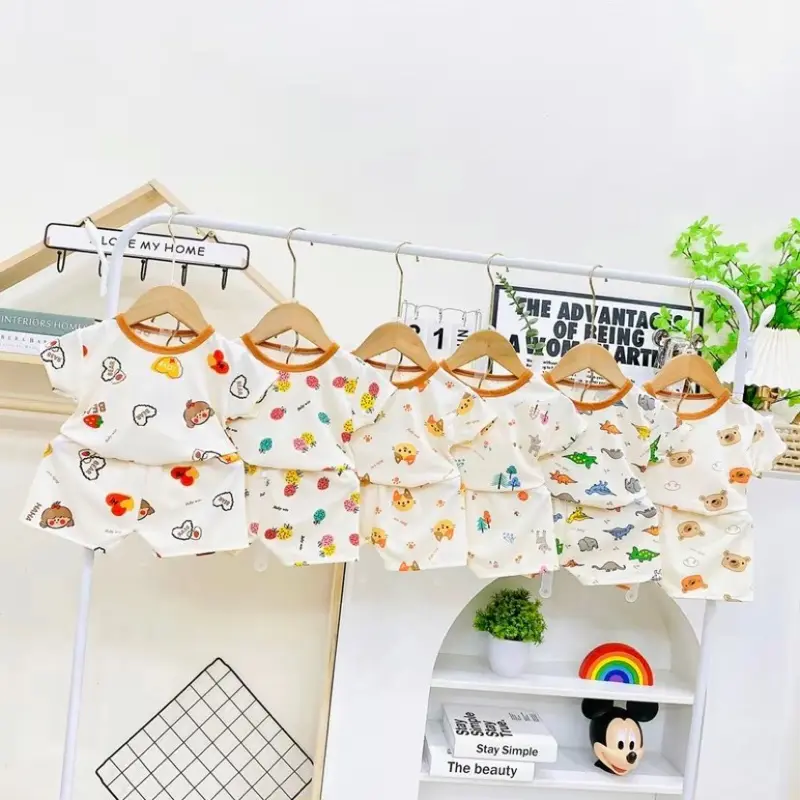 Combo 5 bộ tay ngắn vải thun tăm mặc mát co giãn cho bé size 4-15kg