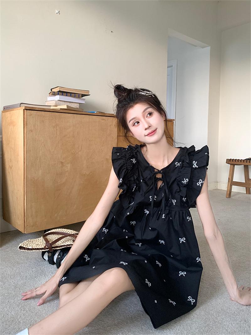 Product Introduction of JLYDQ*Sweet doll skirt with small flying sleeves, black dress for women in summer, loose ruffled hem, belly covering, short skirt, cute jumpsuit, short skirt 3