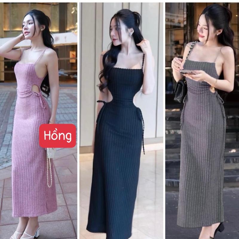 Đầm ôm body nữ hai dây rút eo siêu tôn dáng / mặc Đi chơi, Đi tiệc/ - chất len quảng châu H7081  Dress Women Hồng