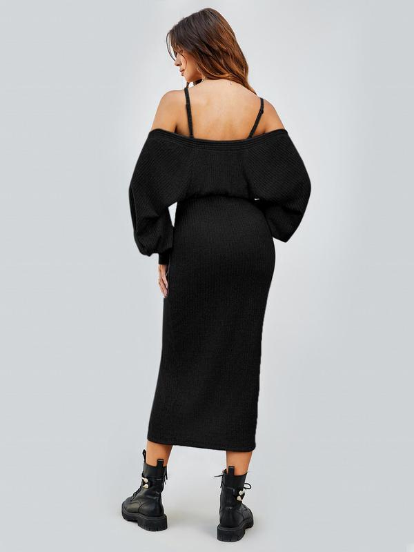 Two-Piece Set Women's Solid Co-ord Set, Split Thigh Knit Cami Dress & Bishop Sleeve Open Front Crop Top Set, Women's Clothing for Spring & Fall 5