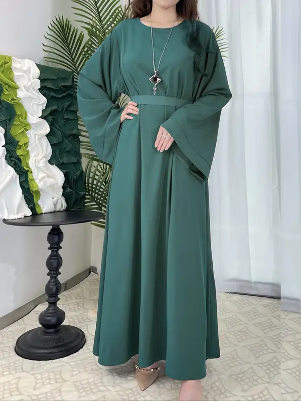 Arabic Clothing-Solid Long Sleeve Belted Tie Back Arabian Dress, Elegant Casual Long Dress for Daily Wear, Women's Islamic Clothing for All Seasons 4