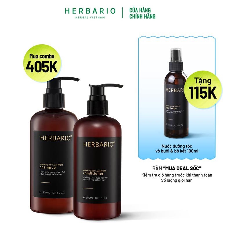 Bộ đôi Dầu Gội bồ kết & vỏ bưởi herbario 300ml + Dầu Xả Bồ Kết & vỏ bưởi Herbario 300ml TẶNG xịt dưỡng herbario 100ml